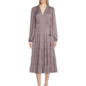 Gibson Latimer V Neck Long Blouson Sleeve Tie Wrap Flounce Midi Maxi Dress